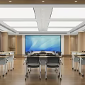 Modern Conference Room With Round Tables White Chairs Large Screen Windows And Wooden Walls