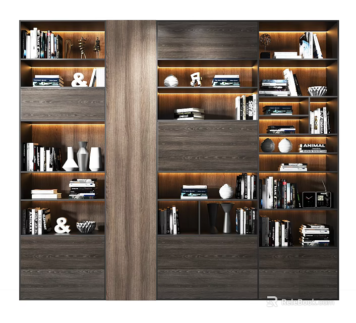 Modern Wooden Bookcase Home Library Design With Layered Shelves And Decorative Books Ornaments 3d model 