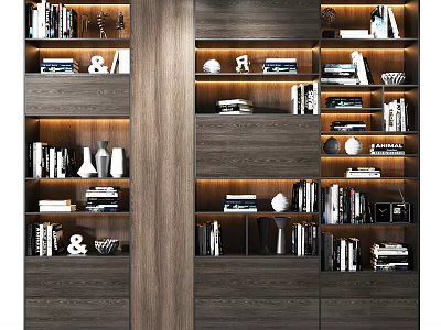 Modern Wooden Bookcase Home Library Design With Layered Shelves And Decorative Books Ornaments 3d model
