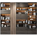 Modern Wooden Bookcase Home Library Design With Layered Shelves And Decorative Books Ornaments
