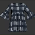 Stylish Blue and White Checkered Dress with Flared Bell Sleeves and Pleated Hem