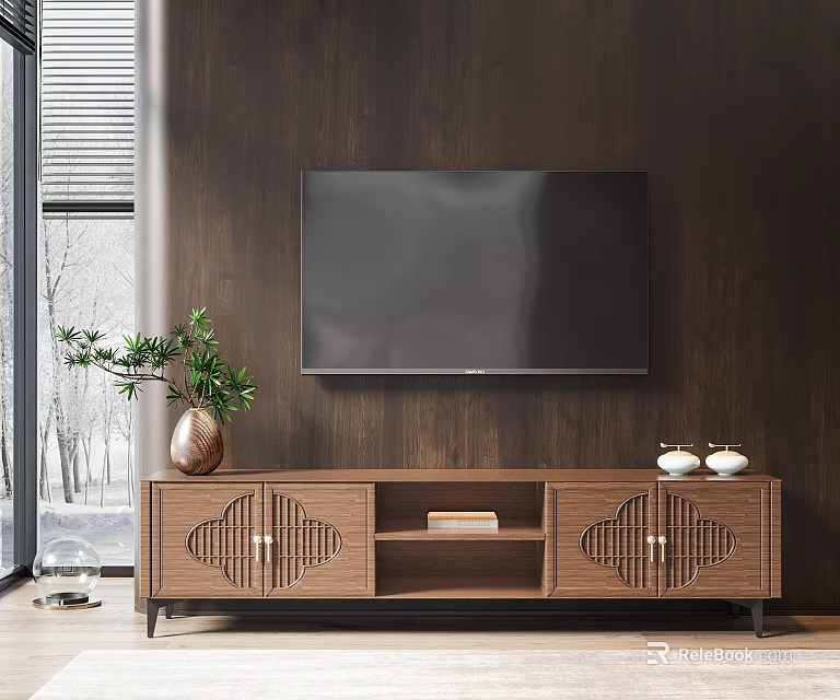 Modern Wooden TV Stand With Wall Mounted TV Plant And Decorative Items 3d model 