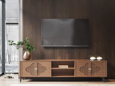 Modern Wooden TV Stand With Wall Mounted TV Plant And Decorative Items 3d model