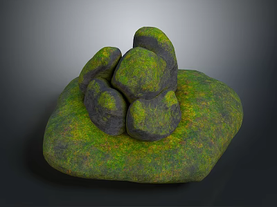 Natural Wood Base with Decorative Stone Pieces Covered in Green Moss 3d model