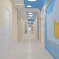Kid Friendly Elevator Corridor With Blue Beige Walls Cloud Decorations And Round Ceiling Lights 3d model