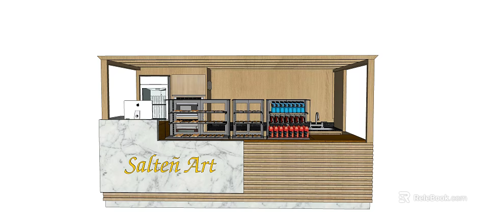 Salten Art Store With Marble Countertop Wooden Decor Beverage Display Shelves And Kitchen Equipment 3d model 