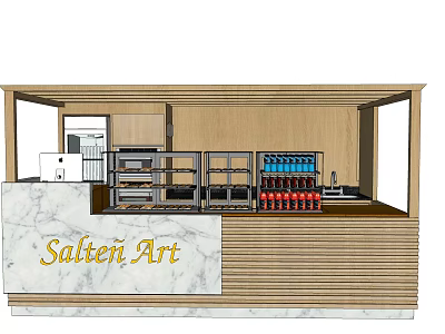Salten Art Store With Marble Countertop Wooden Decor Beverage Display Shelves And Kitchen Equipment 3d model
