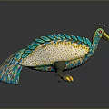 Flying Animal Bird Sculpture With Green Feathers Yellow Beak And Ornate Colorful Design