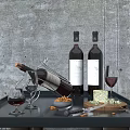 Wine Bottles and Glasses on Tray with Cheese Nuts Knife and Wine Rack