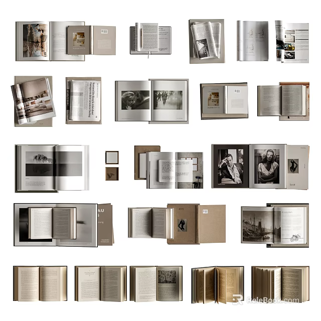 Open Books and Magazines Showcasing Various Layouts With Black White Photos and Text Content 3d model 