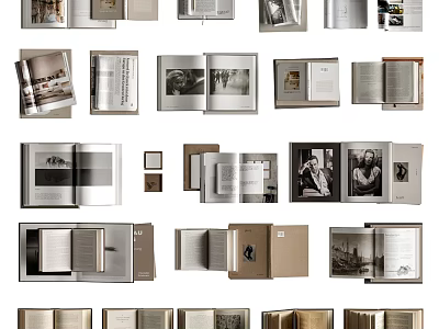 Open Books and Magazines Showcasing Various Layouts With Black White Photos and Text Content 3d model