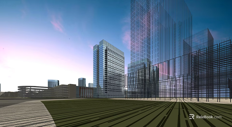 Modern City Architecture With Glass Skyscrapers Open Green Space And Evening Sky 3d model 