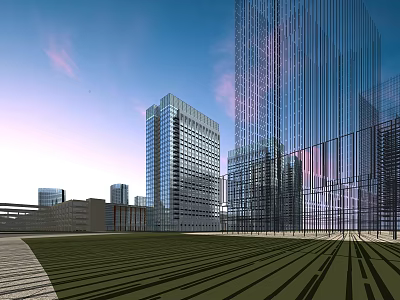 Modern City Architecture With Glass Skyscrapers Open Green Space And Evening Sky 3d model