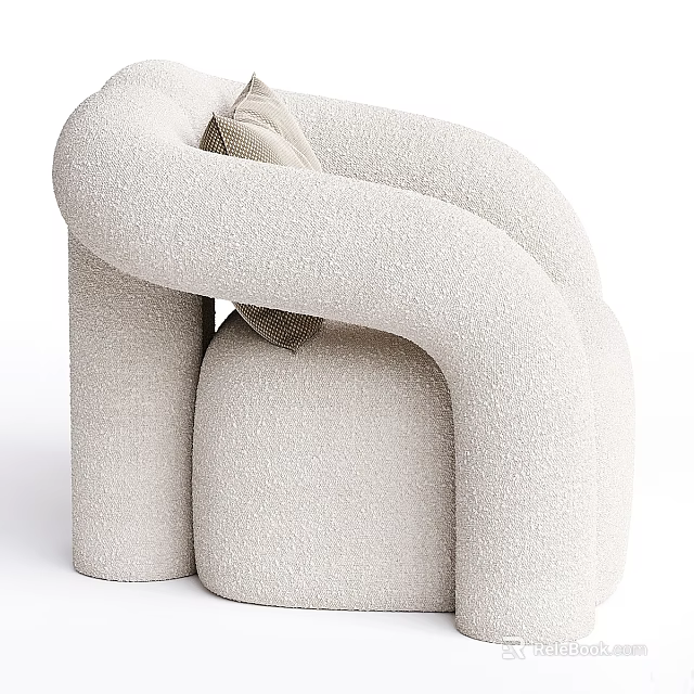 Stylish Modern Beige Plush Armchair With Curved Arms And Accent Pillow 3d model 