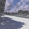 Urban Road Facilities With Cobblestone Pavement Green Belts Trees And Distant Vehicles Under Cloudy Sky
