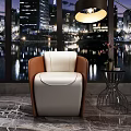 White And Brown Leather Single Sofa By Large Window With Night View And Side Table 3d model