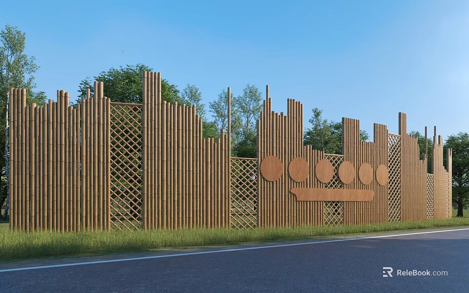 Wooden Landscape Wall With Vertical Slats Circular Decorations Lattice Grass And Trees In Blue Sky 3d model 