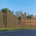 Wooden Landscape Wall With Vertical Slats Circular Decorations Lattice Grass And Trees In Blue Sky