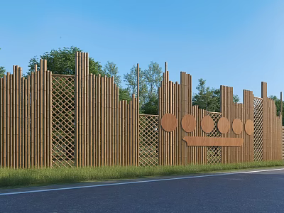 Wooden Landscape Wall With Vertical Slats Circular Decorations Lattice Grass And Trees In Blue Sky 3d model