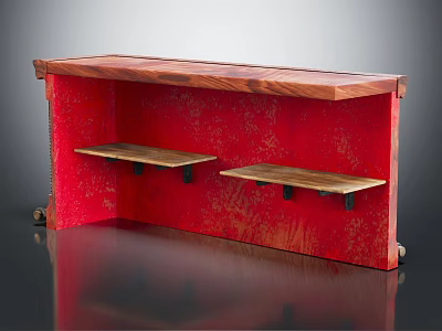 Rustic Red Bar Counter with Wooden Top and Two Wooden Shelves in Modern Interior Setting 3d model