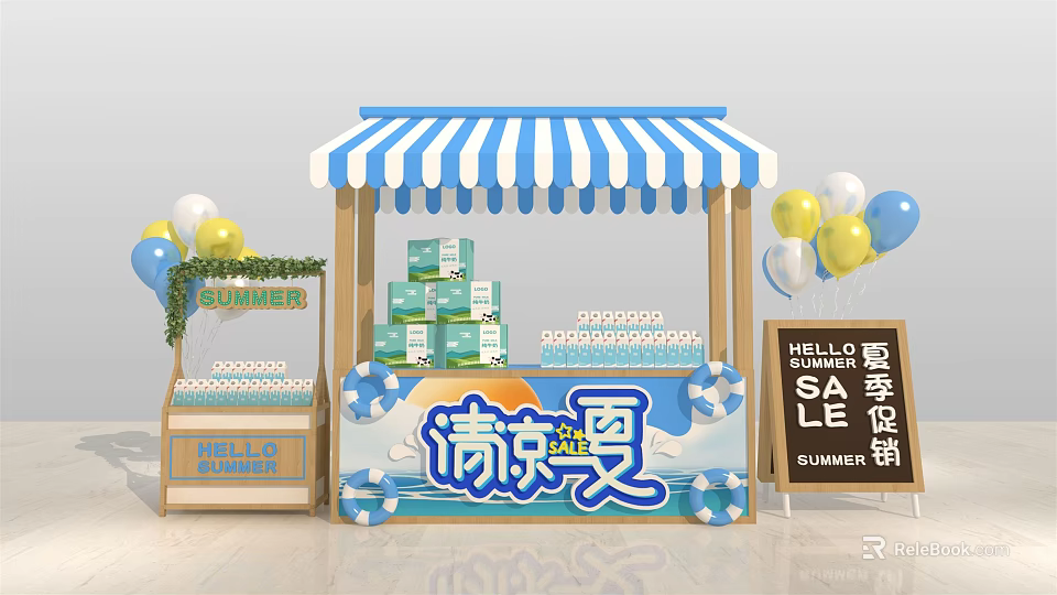 Summer Sale Stall With Blue White Striped Awning Balloons And Product Boxes 3d model 