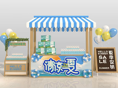 Summer Sale Stall With Blue White Striped Awning Balloons And Product Boxes 3d model