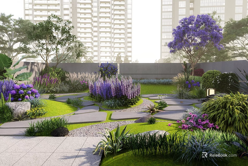 Tranquil Karesansui Garden Design With Stone Path Gravel Layout And Moss Covered Rocks 3d model 