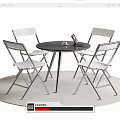 Round Black Dining Table Set With White Folding Chairs And Metal Frame On Rug 3d model