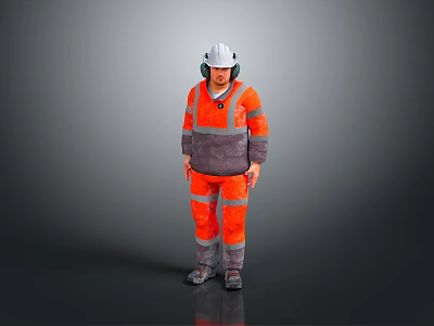 Man In Orange And Gray Reflective Work Uniform With White Safety Helmet 3d model