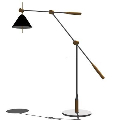Modern Floor Lamp With Black Shade Adjustable Metal Pole And Wooden Accent Design 3d model
