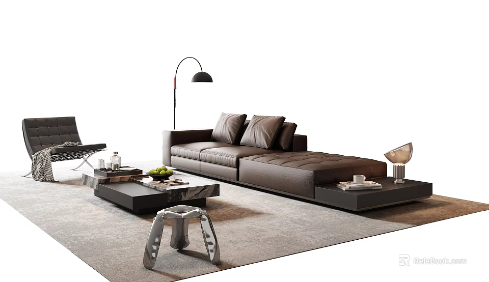 Modern Leather Sofa And Coffee Table Set With Floor Lamp And Area Rug 3d model 