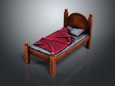 Classic Wooden Double Bed With Carved Posts Red Blanket And Gray Pillow 3d model