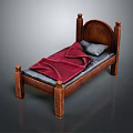 Classic Wooden Double Bed With Carved Posts Red Blanket And Gray Pillow