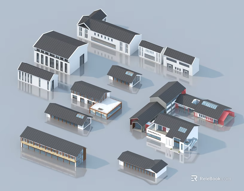 Commercial Complex Featuring Multiple Buildings Diverse Architectural Styles Black Grey Red Roofs 3d model