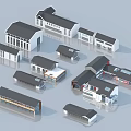 Commercial Complex Featuring Multiple Buildings Diverse Architectural Styles Black Grey Red Roofs 3d model