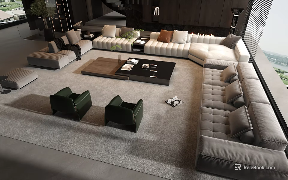 Modern Sectional Sofa And Coffee Table Set With Green Armchairs Area Rug And Decor 3d model 