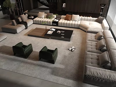 Modern Sectional Sofa And Coffee Table Set With Green Armchairs Area Rug And Decor 3d model