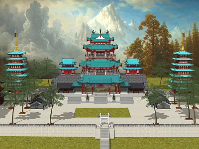 Ancient Chinese Architecture Palace with Green Roofs Red Columns Pagodas Trees and Mountain View 3d model
