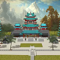 Ancient Chinese Architecture Palace with Green Roofs Red Columns Pagodas Trees and Mountain View