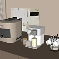 Modern White Kitchen Countertop With Kitchen Appliances Rice Cooker Water Dispenser And Cup Holder