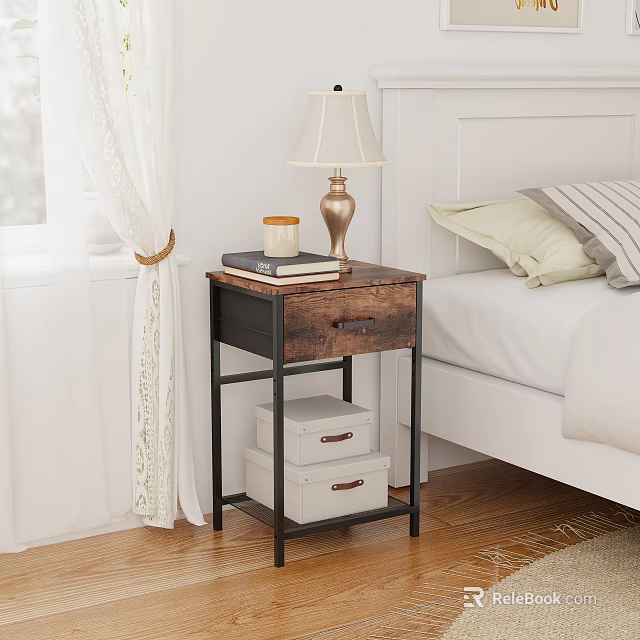 Rustic Wooden Metal Side Cabinet With Drawer White Storage Boxes Books And Table Lamp 3d model 