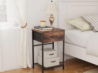 Rustic Wooden Metal Side Cabinet With Drawer White Storage Boxes Books And Table Lamp 3d model