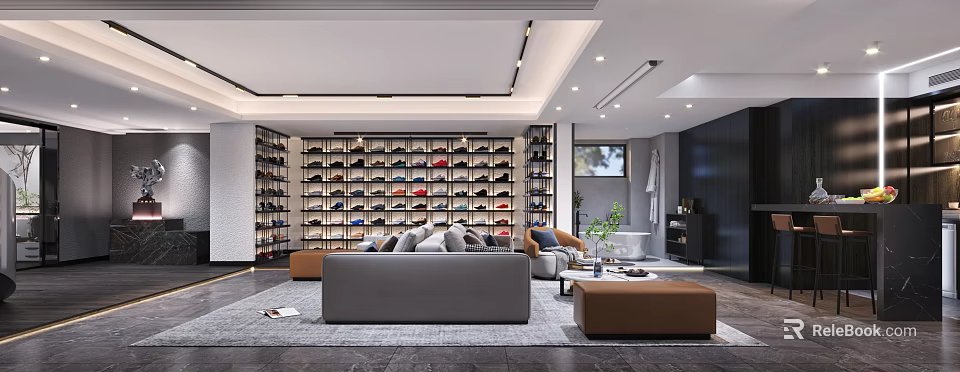 Modern Basement Interior Design With Large Wall Mounted Shoe Rack Sofa And Cozy Lounge Area 3d model 