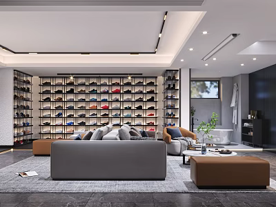 Modern Basement Interior Design With Large Wall Mounted Shoe Rack Sofa And Cozy Lounge Area 3d model