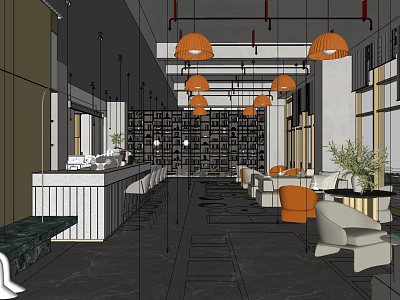 Modern Sales Office Interior With Orange Pendant Lights Comfortable Sofas And Decorative Wall 3d model