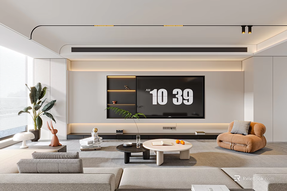 Modern Living Room Interior Design With TV Wall Flat Screen TV Sofas Coffee Tables And Plants 3d model 