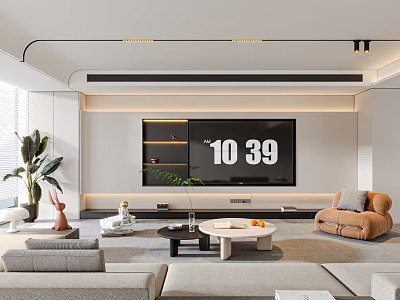 Modern Living Room Interior Design With TV Wall Flat Screen TV Sofas Coffee Tables And Plants 3d model