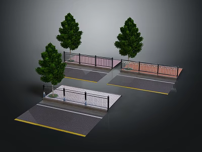 Outdoor Platforms With Railings Three Trees And Gray Ground With Yellow Lines 3d model