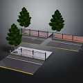 Outdoor Platforms With Railings Three Trees And Gray Ground With Yellow Lines
