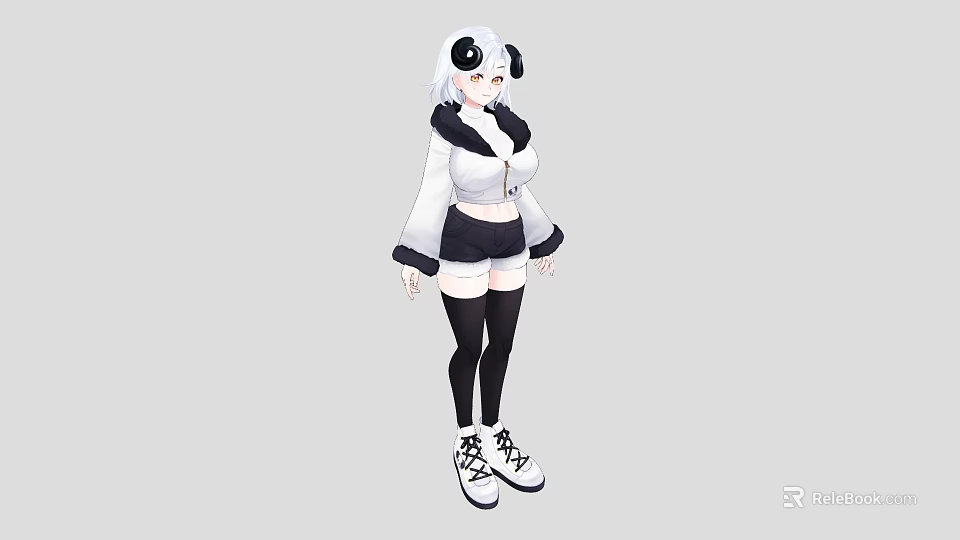 Woman Wearing White Hooded Jacket Panda Ear Headpiece White Hair Black Shorts And White Sneakers 3d model 